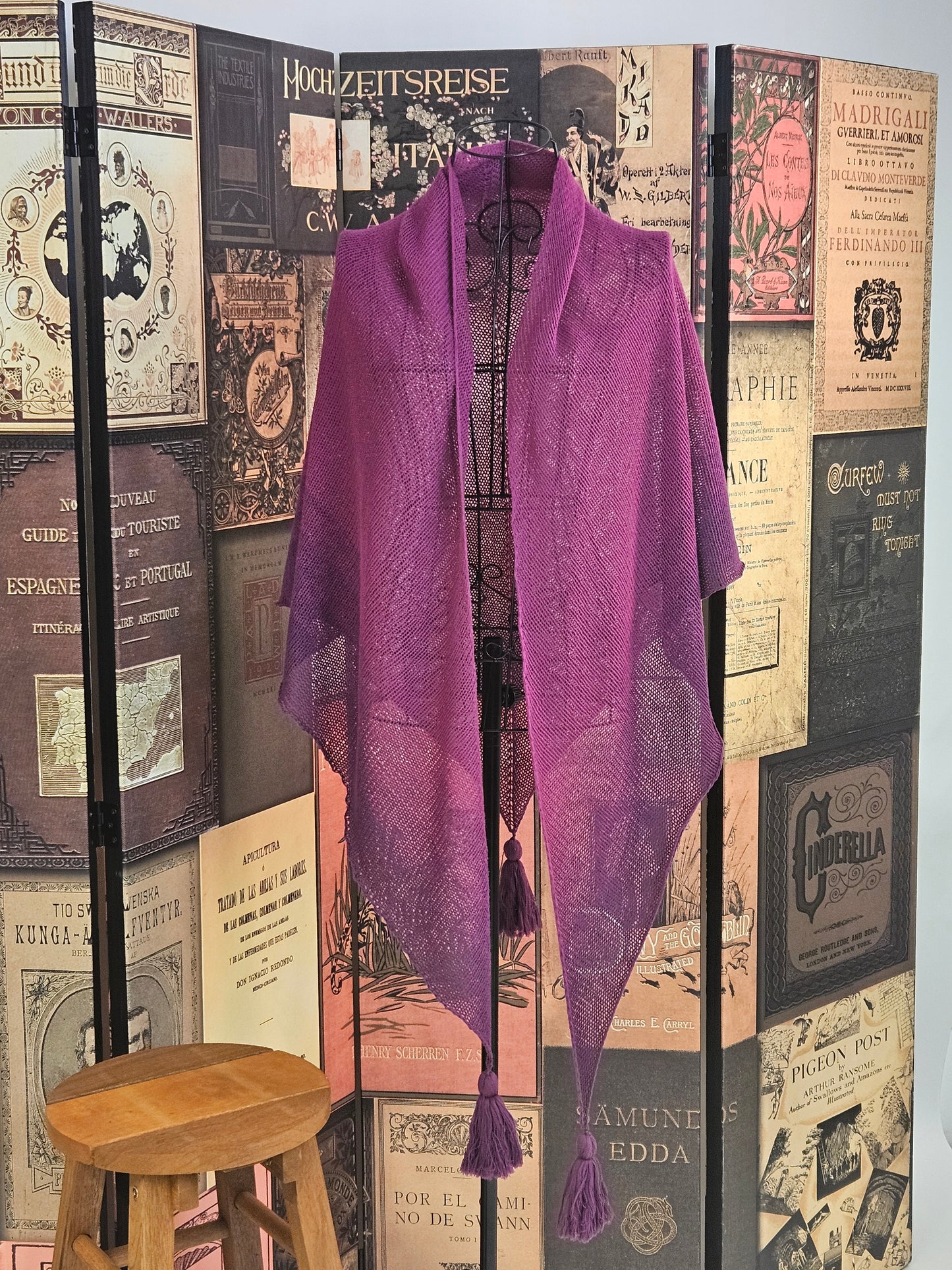 Large triangle handknitted shawl "Purple Eclipse"