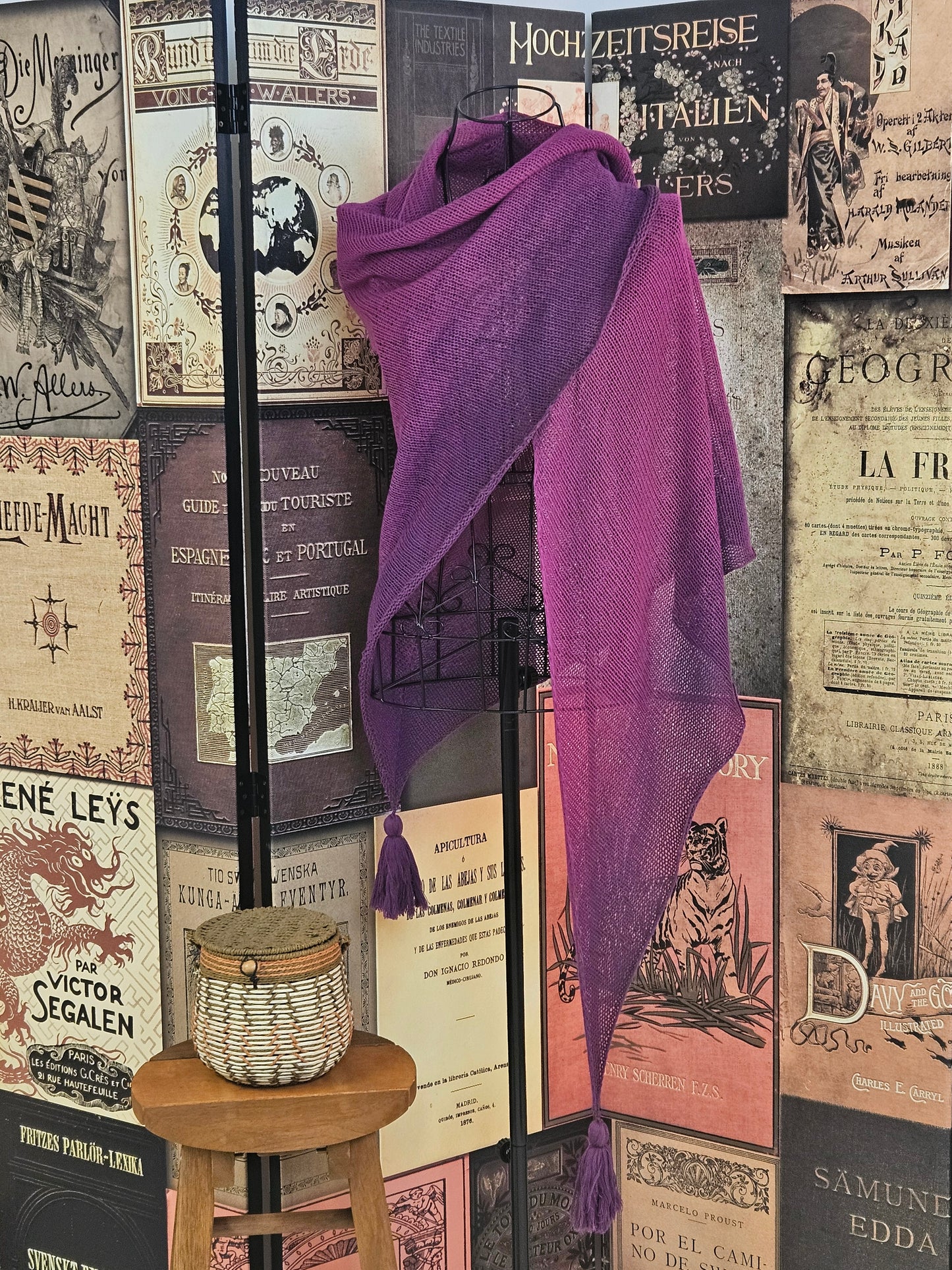 Large triangle handknitted shawl "Purple Eclipse"