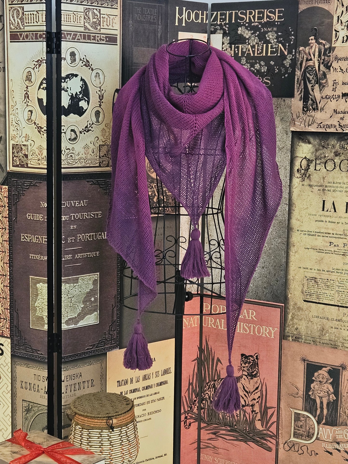 Large triangle handknitted shawl "Purple Eclipse"