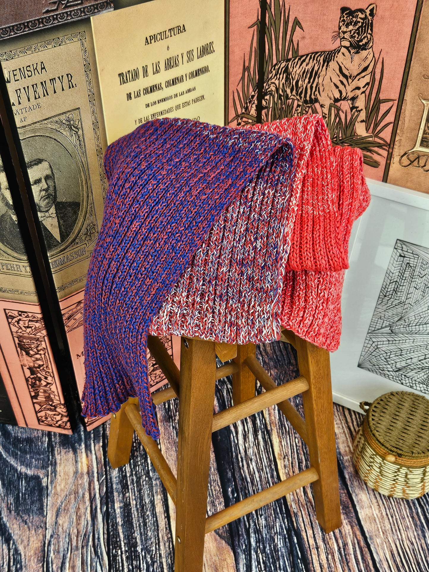 Strawberry and Cornflower Extra long (200cm) handcrafted scarf 100% organic cotton