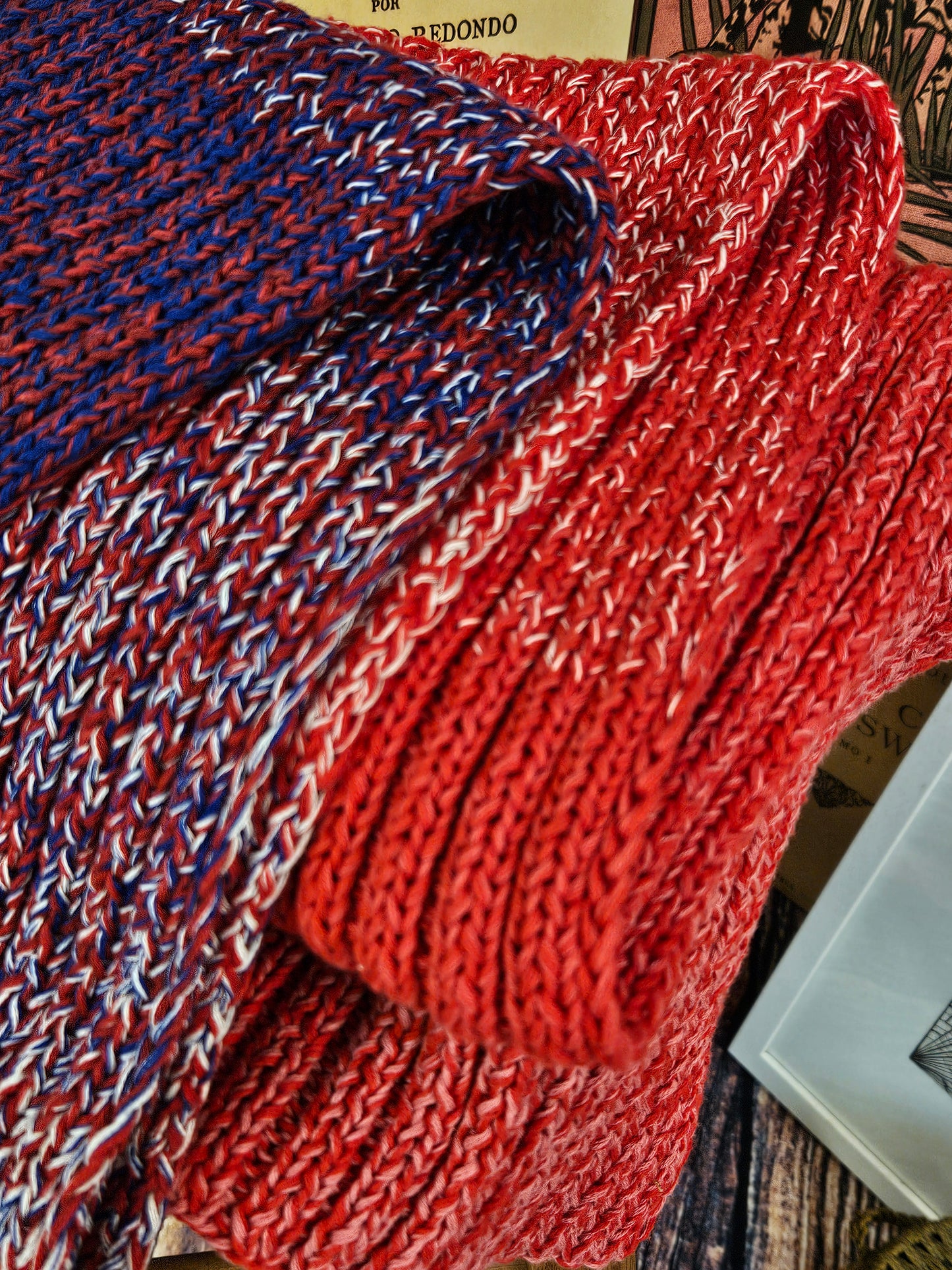 Strawberry and Cornflower Extra long (200cm) handcrafted scarf 100% organic cotton