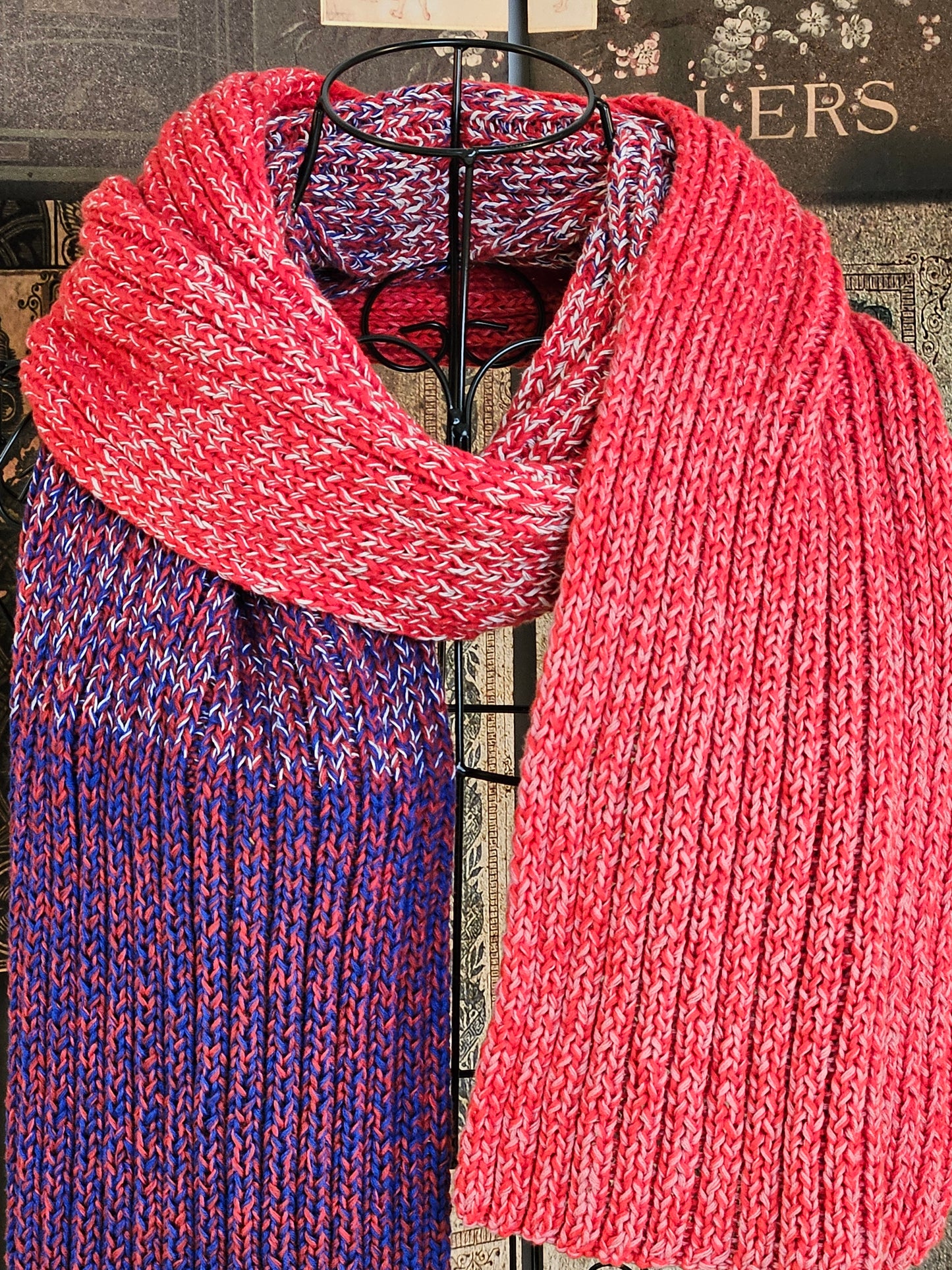Strawberry and Cornflower Extra long (200cm) handcrafted scarf 100% organic cotton