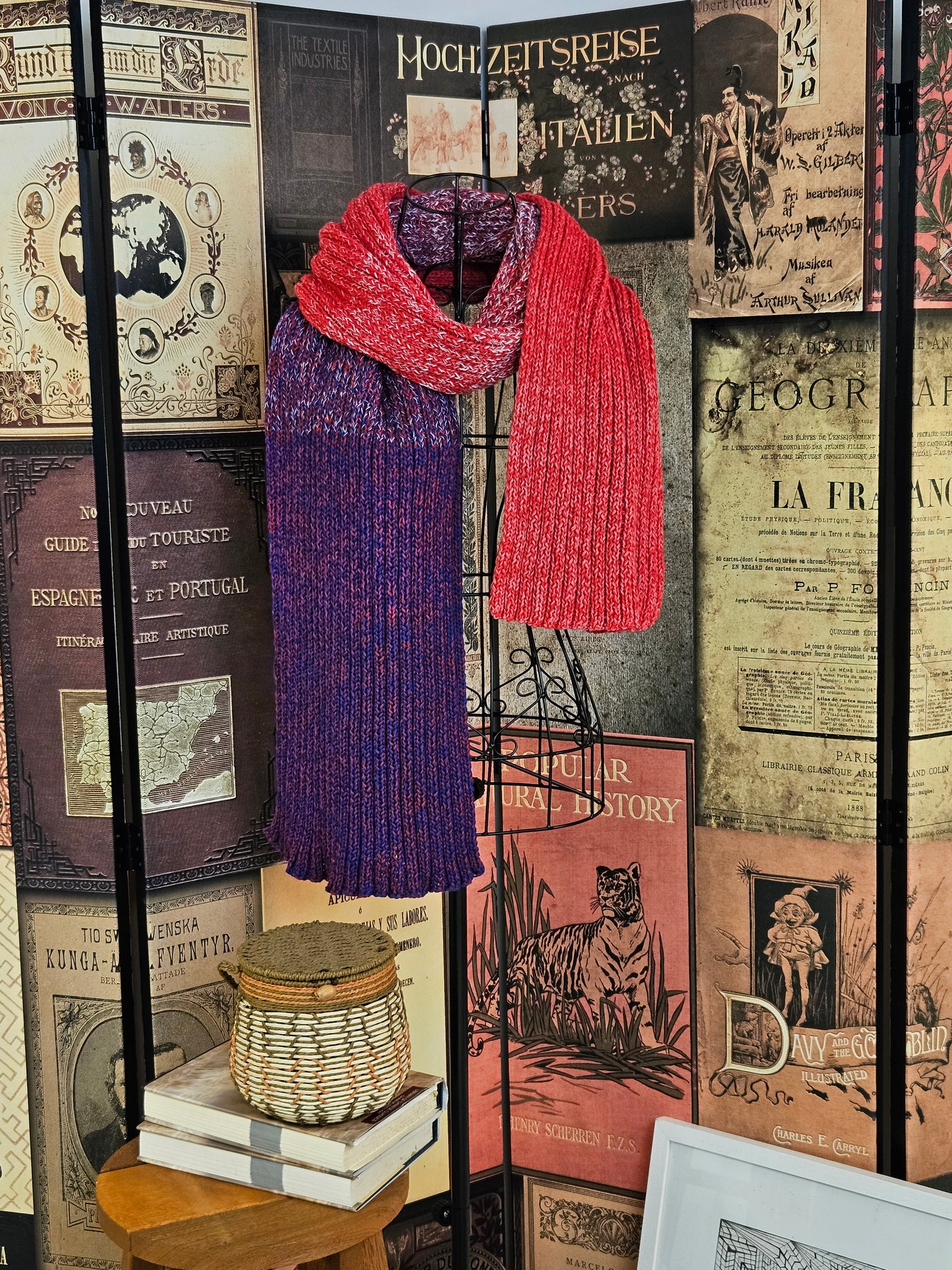 Strawberry and Cornflower Extra long (200cm) handcrafted scarf 100% organic cotton