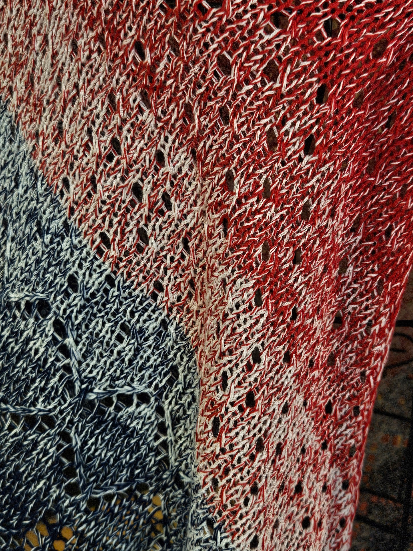Large triangle handknitted shawl "The Sun above the River"