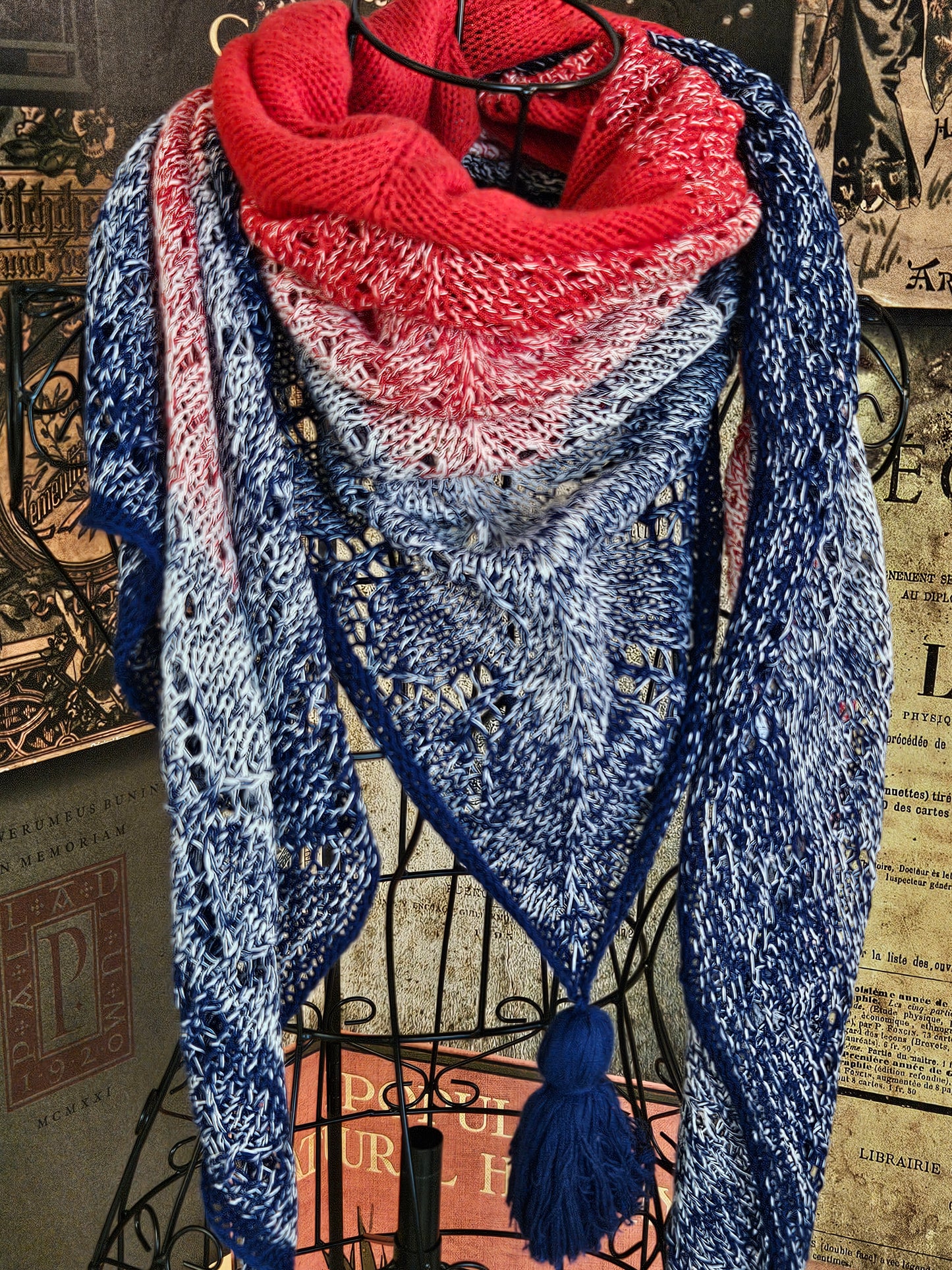 Large triangle handknitted shawl "The Sun above the River"