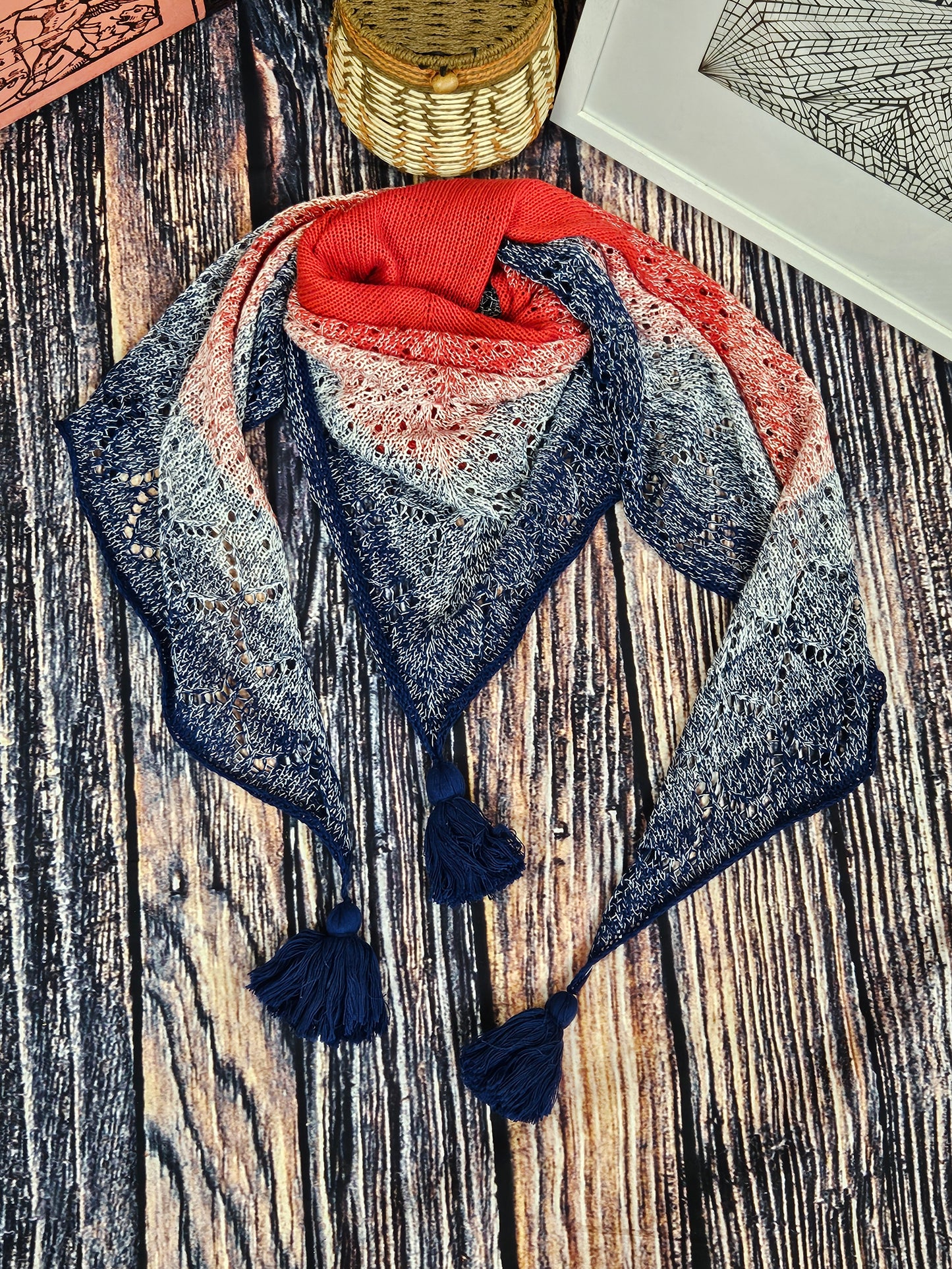 Large triangle handknitted shawl "The Sun above the River"