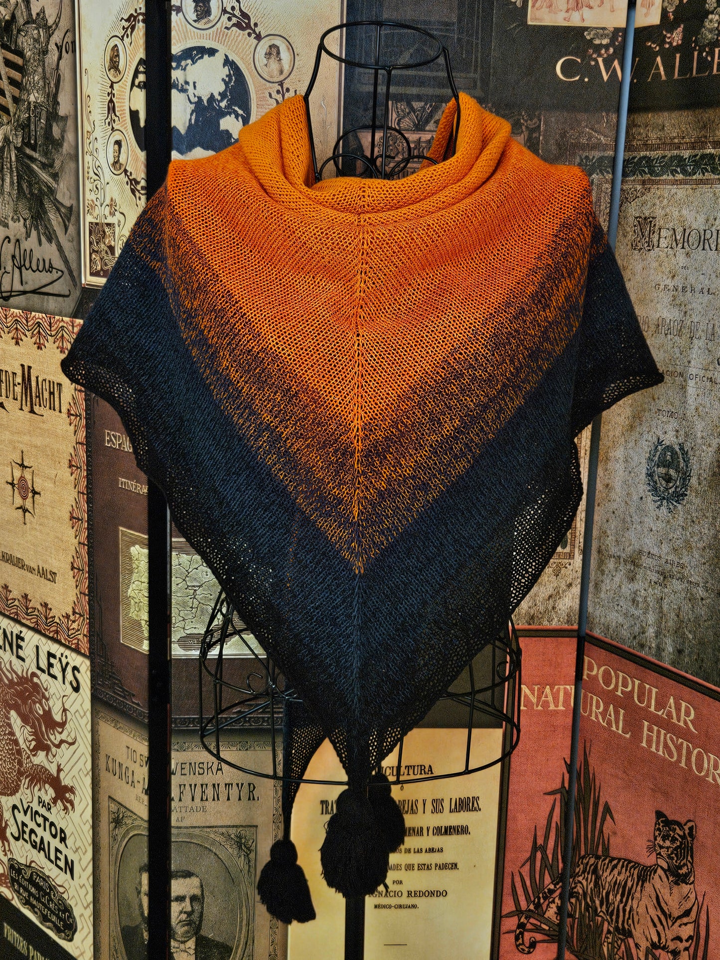 Large triangle handknitted shawl "Embers"