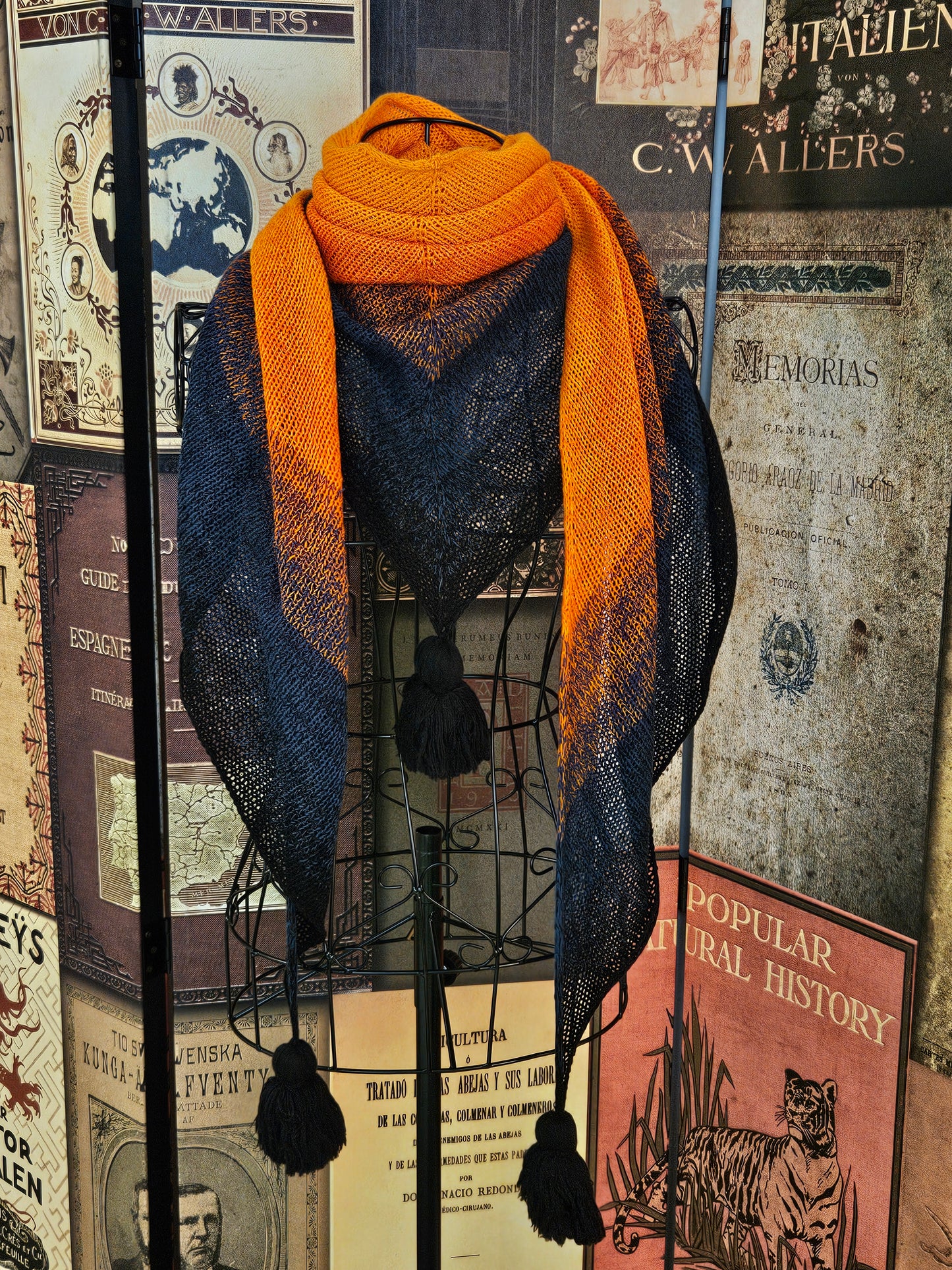 Large triangle handknitted shawl "Embers"