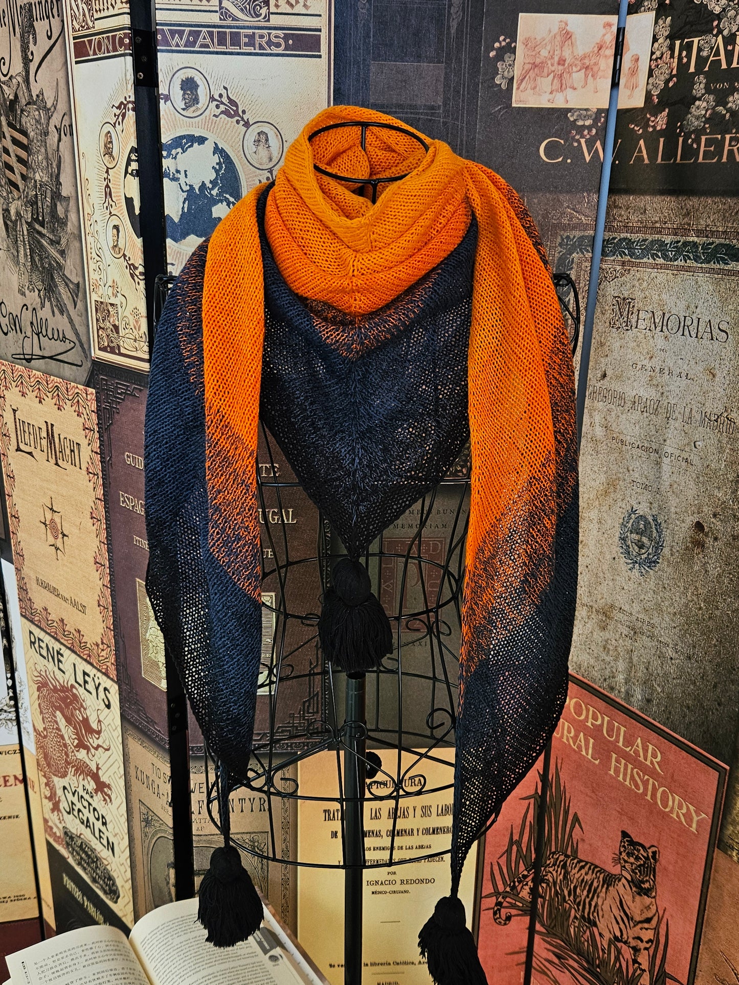 Large triangle handknitted shawl "Embers"