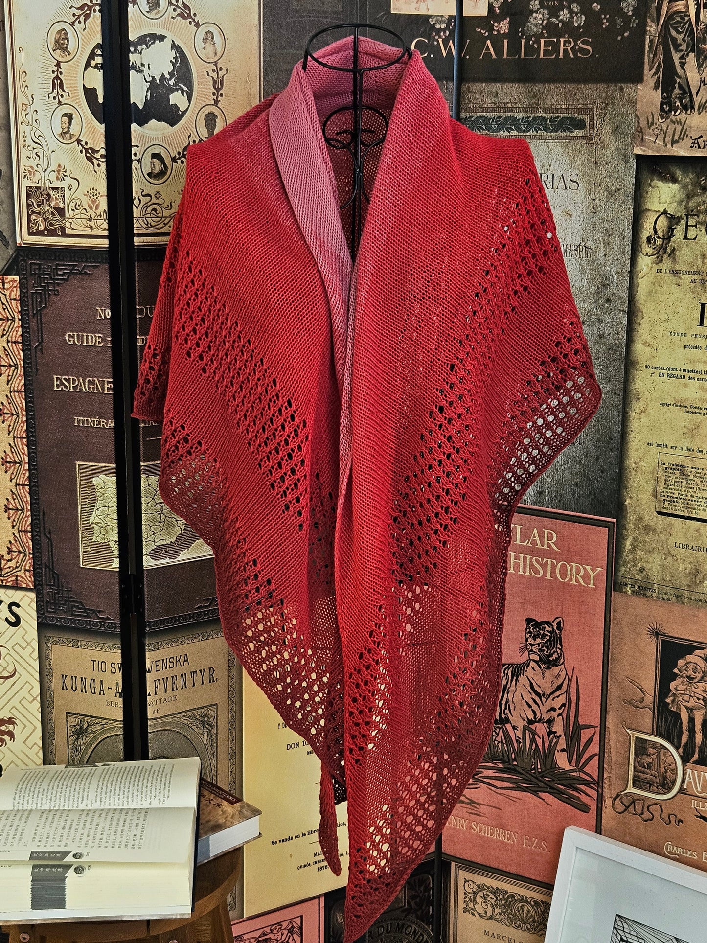 Large triangle handknitted shawl "Red Apple Moon"