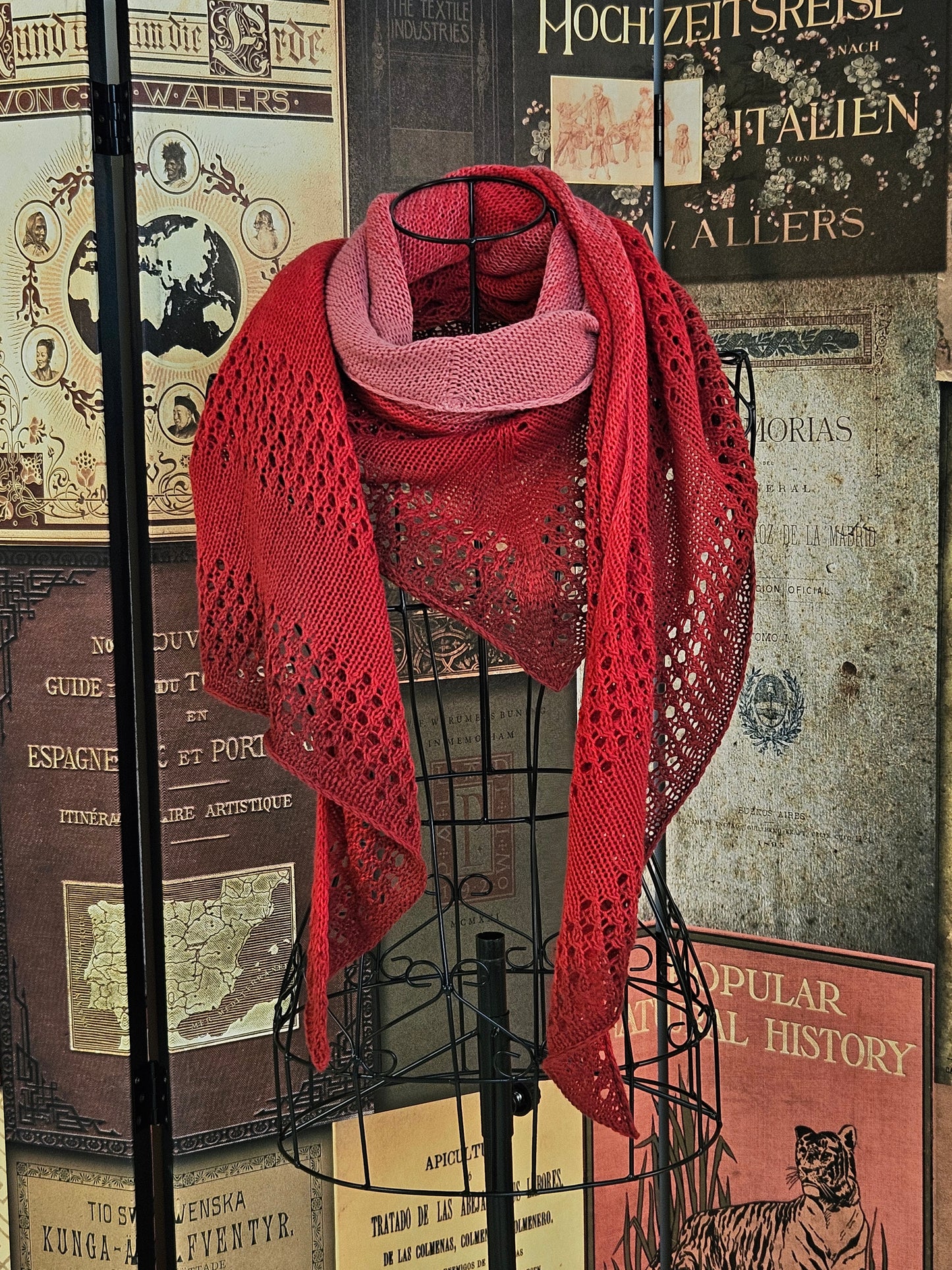 Large triangle handknitted shawl "Red Apple Moon"