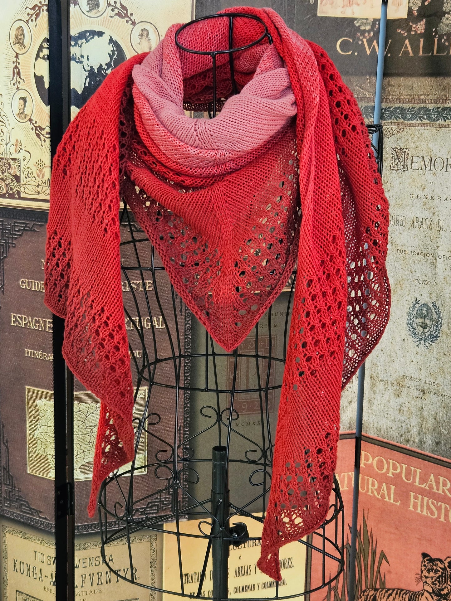 Large triangle handknitted shawl "Red Apple Moon"