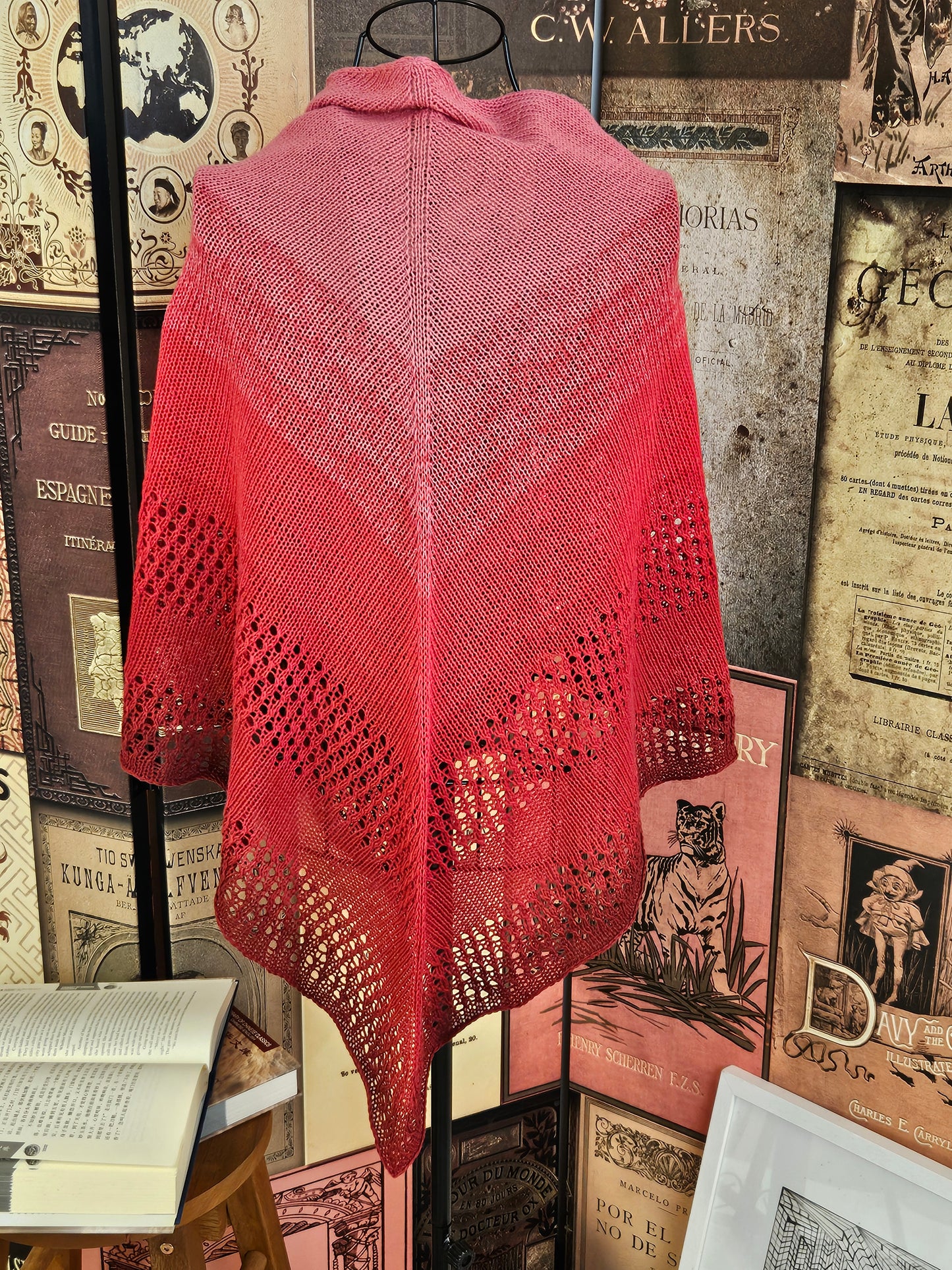 Large triangle handknitted shawl "Red Apple Moon"