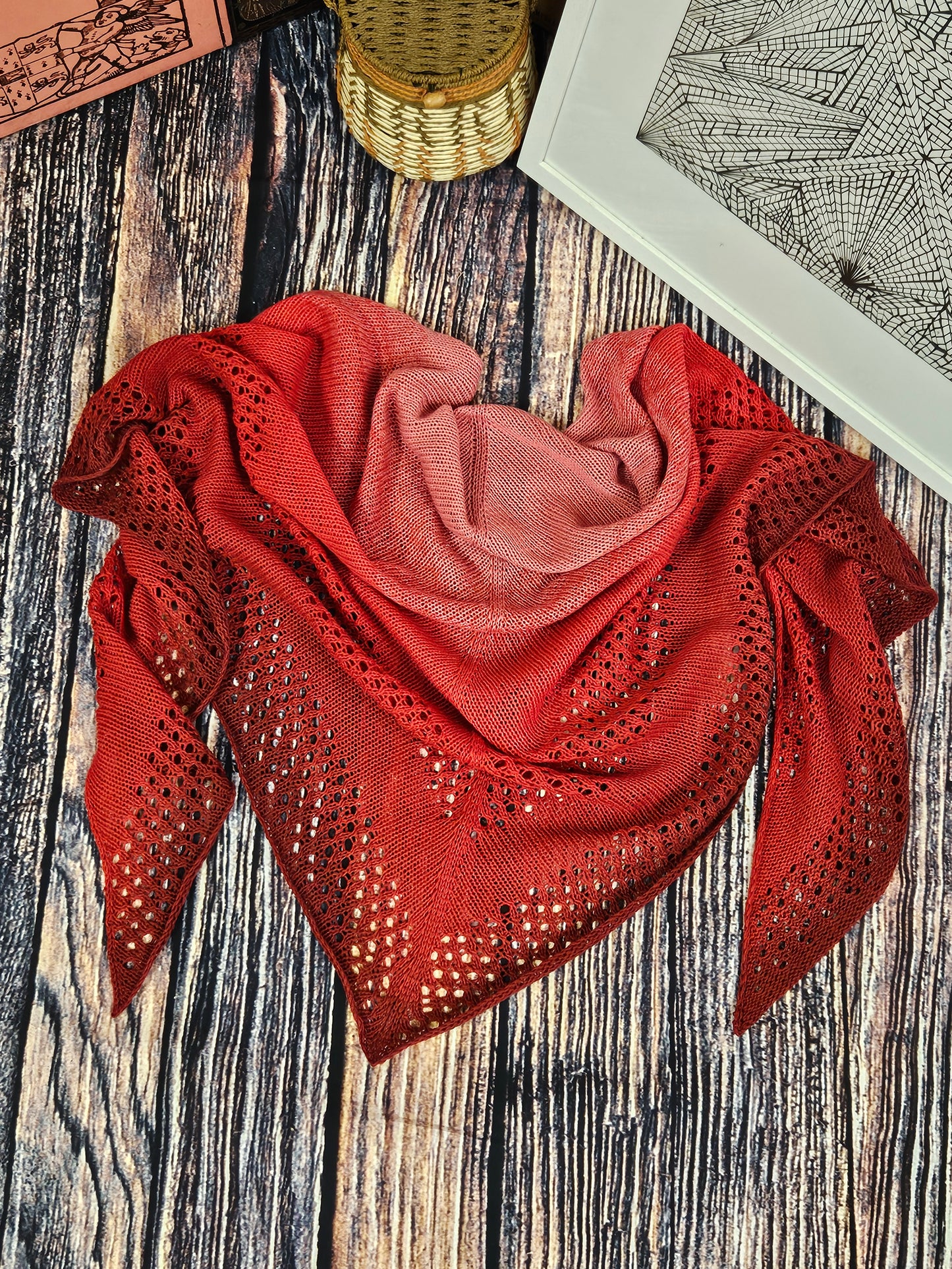 Large triangle handknitted shawl "Red Apple Moon"