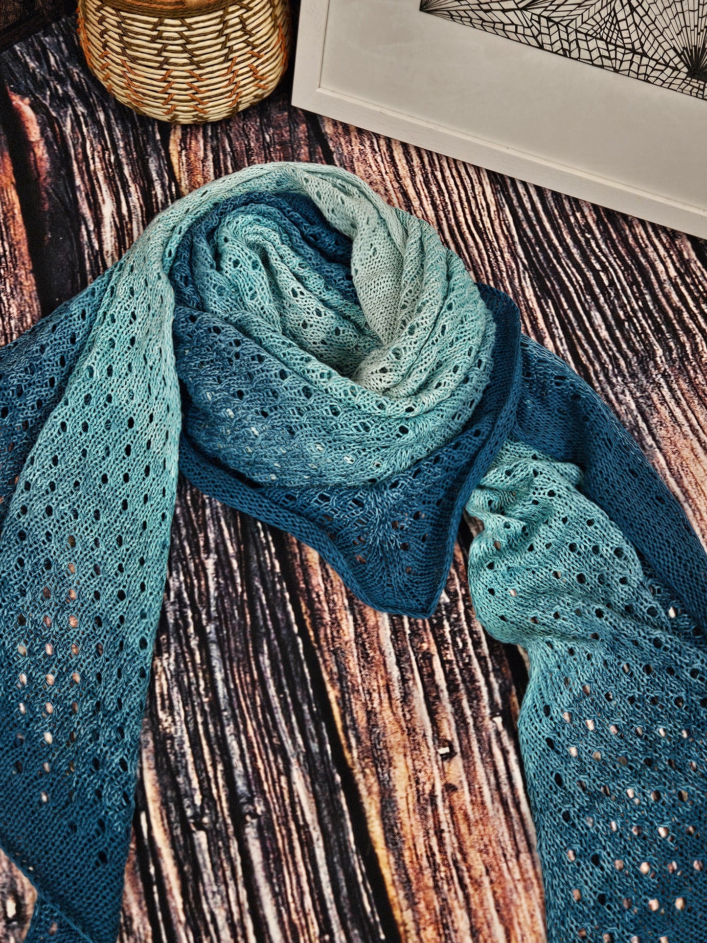 Large triangle handknitted shawl "Blue Lava" 100% organic cotton