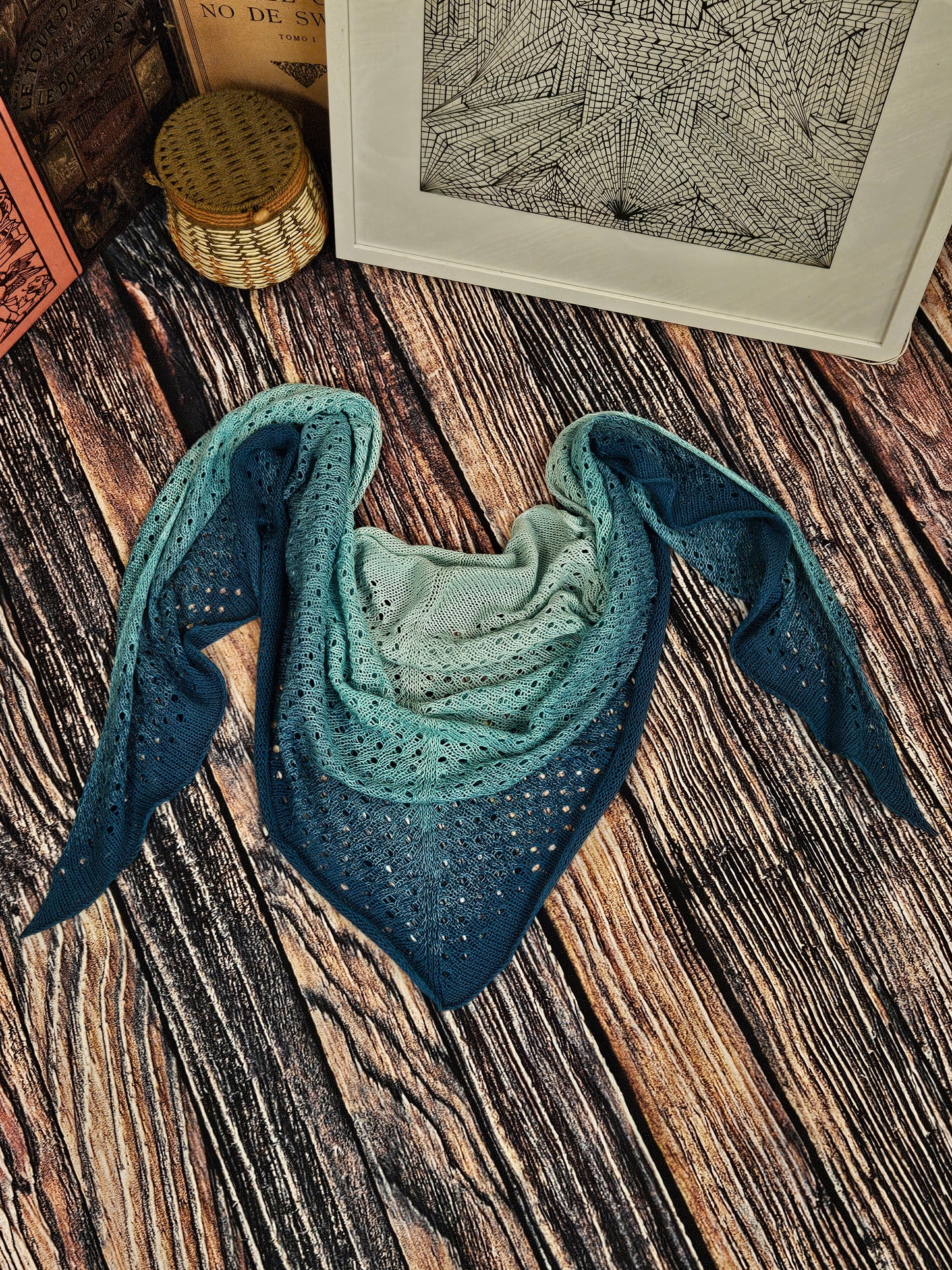 Large triangle handknitted shawl "Blue Lava" 100% organic cotton