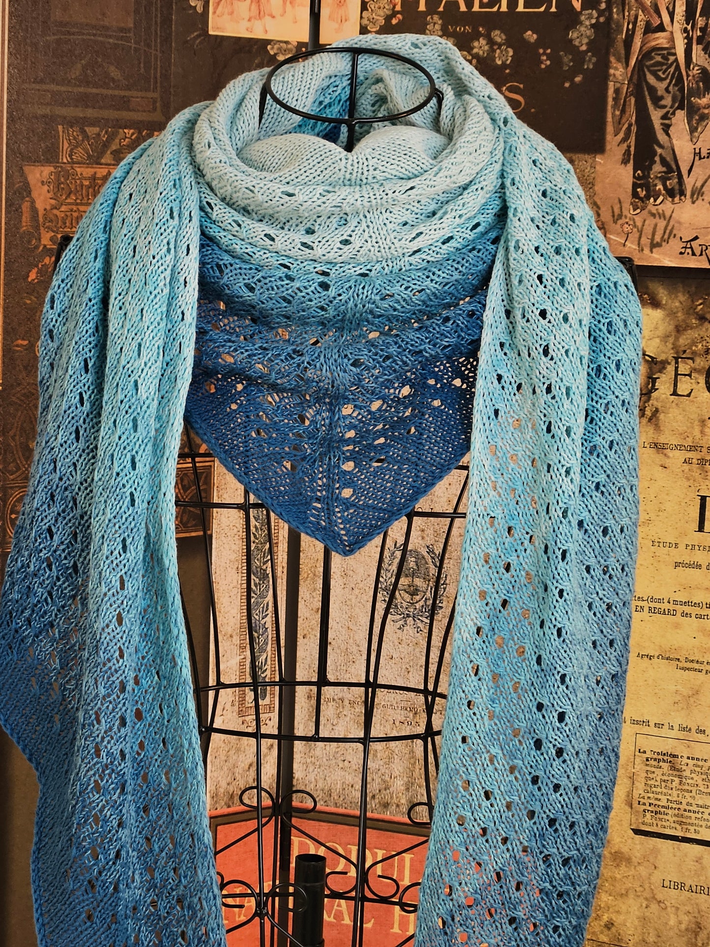 Large triangle handknitted shawl "Blue Lava" 100% organic cotton