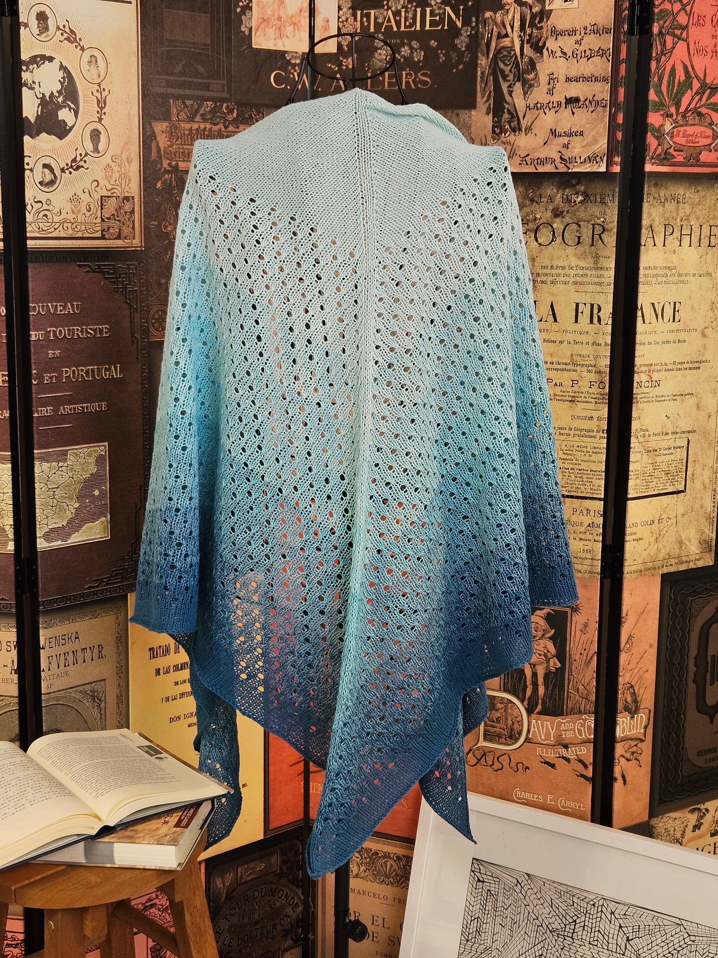 Large triangle handknitted shawl "Blue Lava" 100% organic cotton