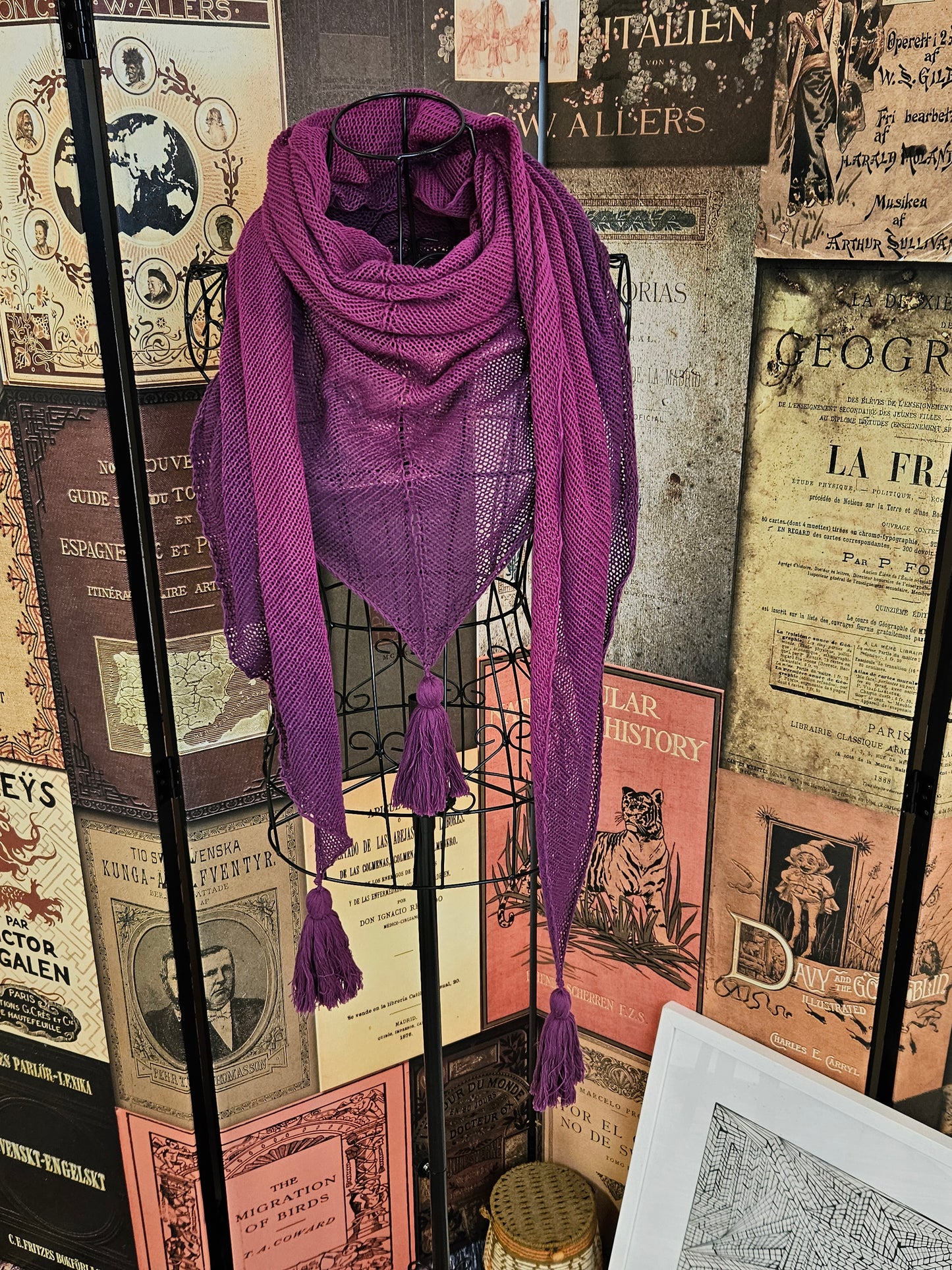 Large triangle handknitted shawl "Purple Eclipse"