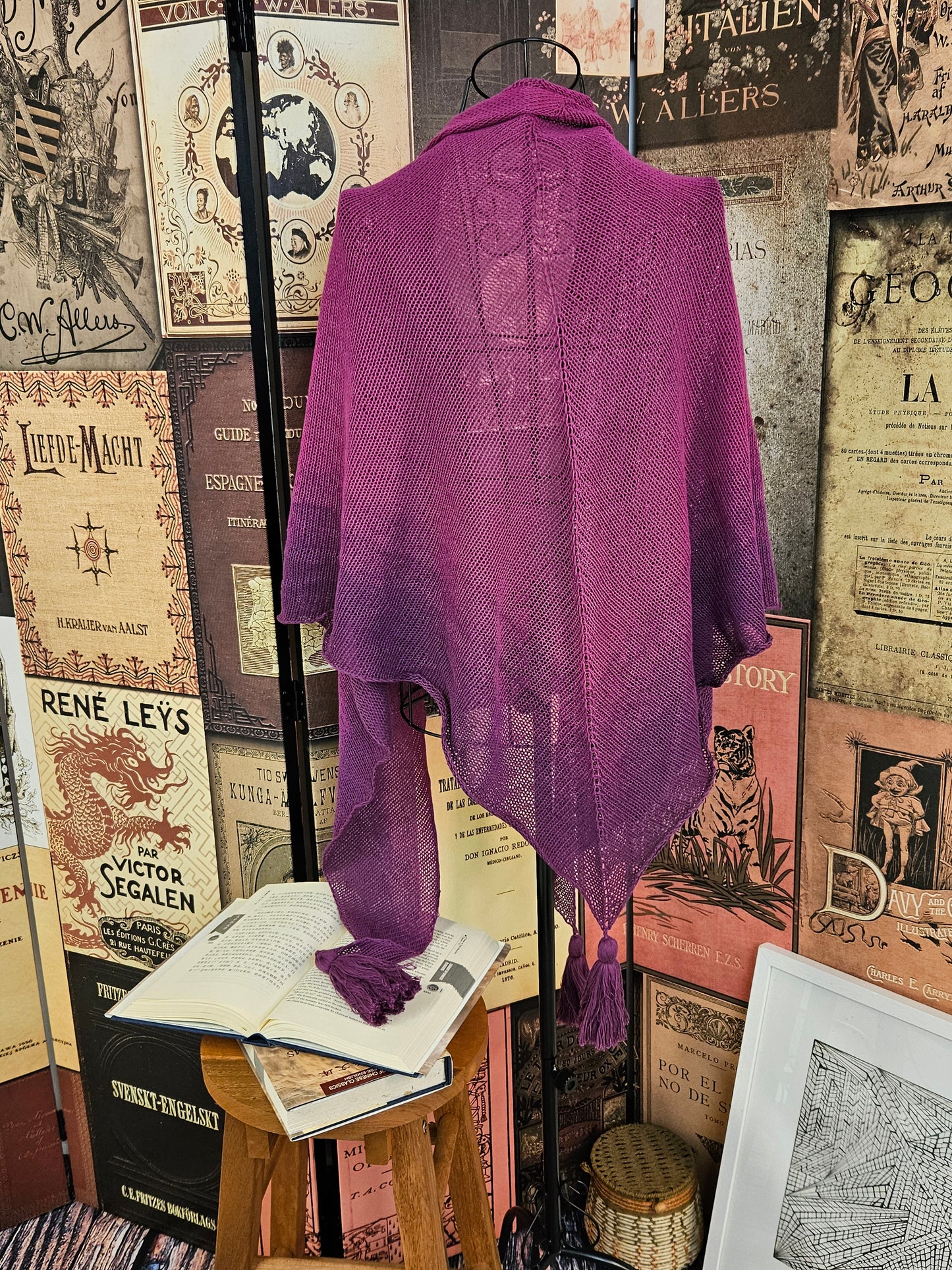 Large triangle handknitted shawl "Purple Eclipse"