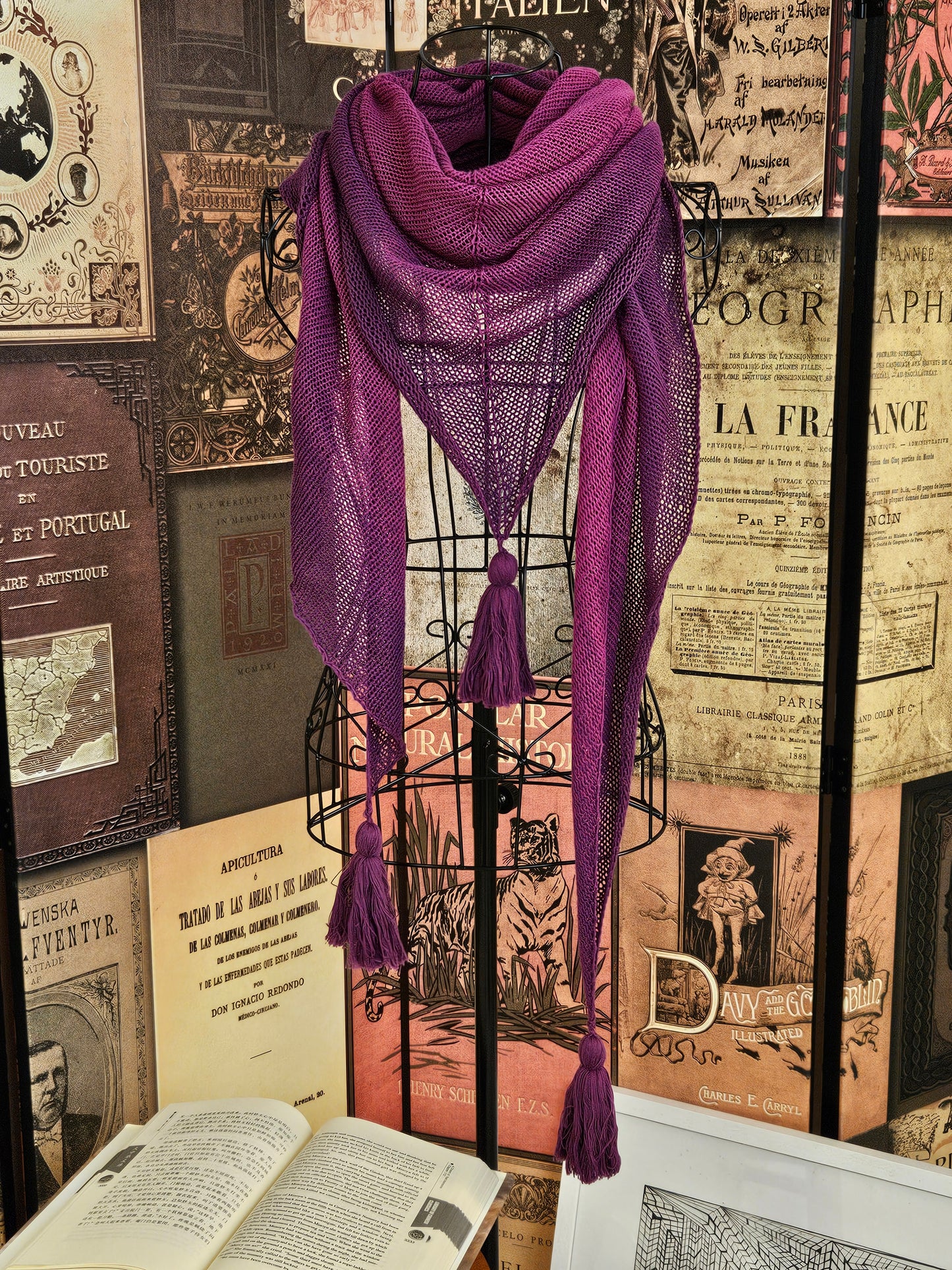 Large triangle handknitted shawl "Purple Eclipse"