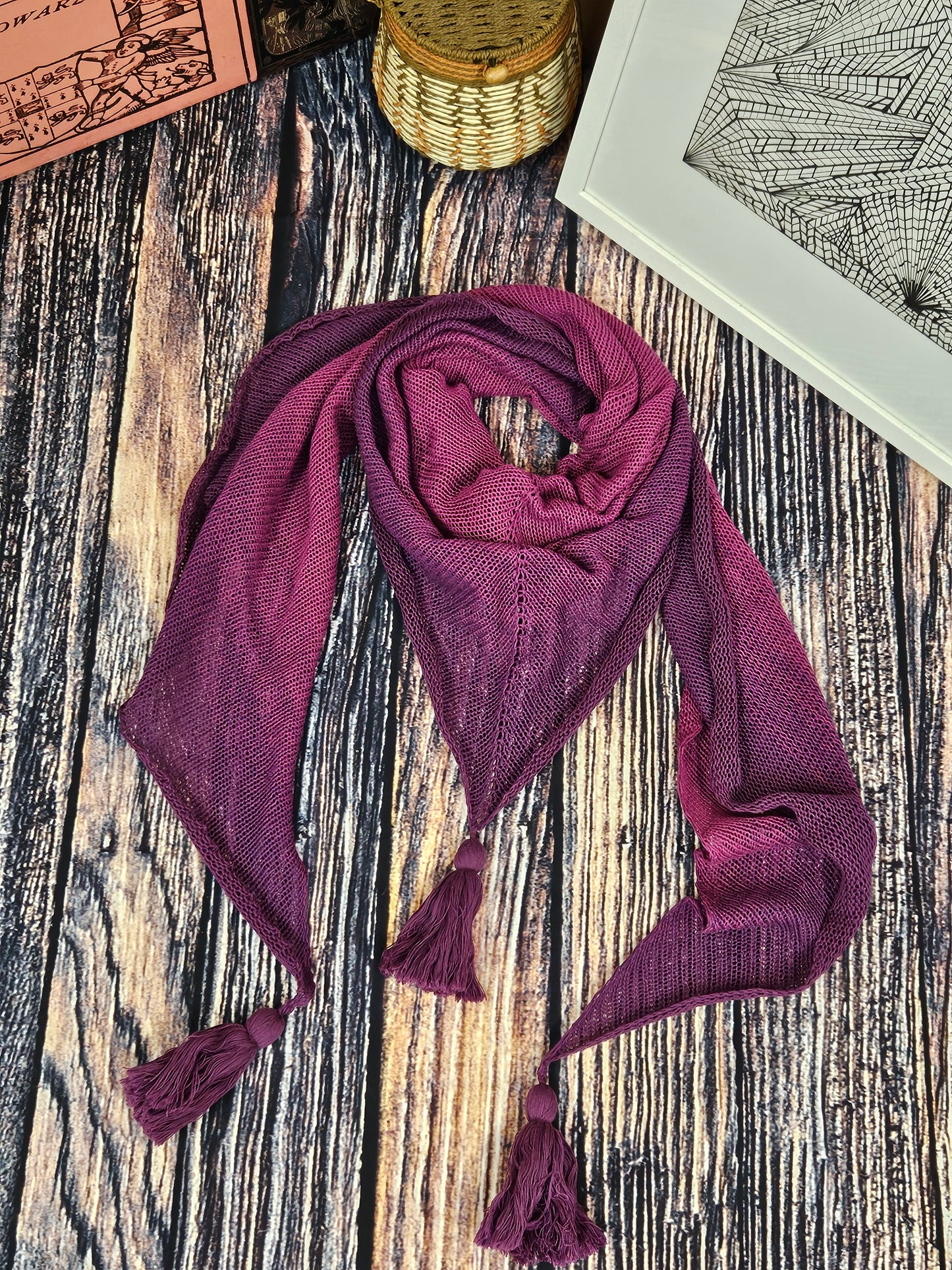 Large triangle handknitted shawl "Purple Eclipse"