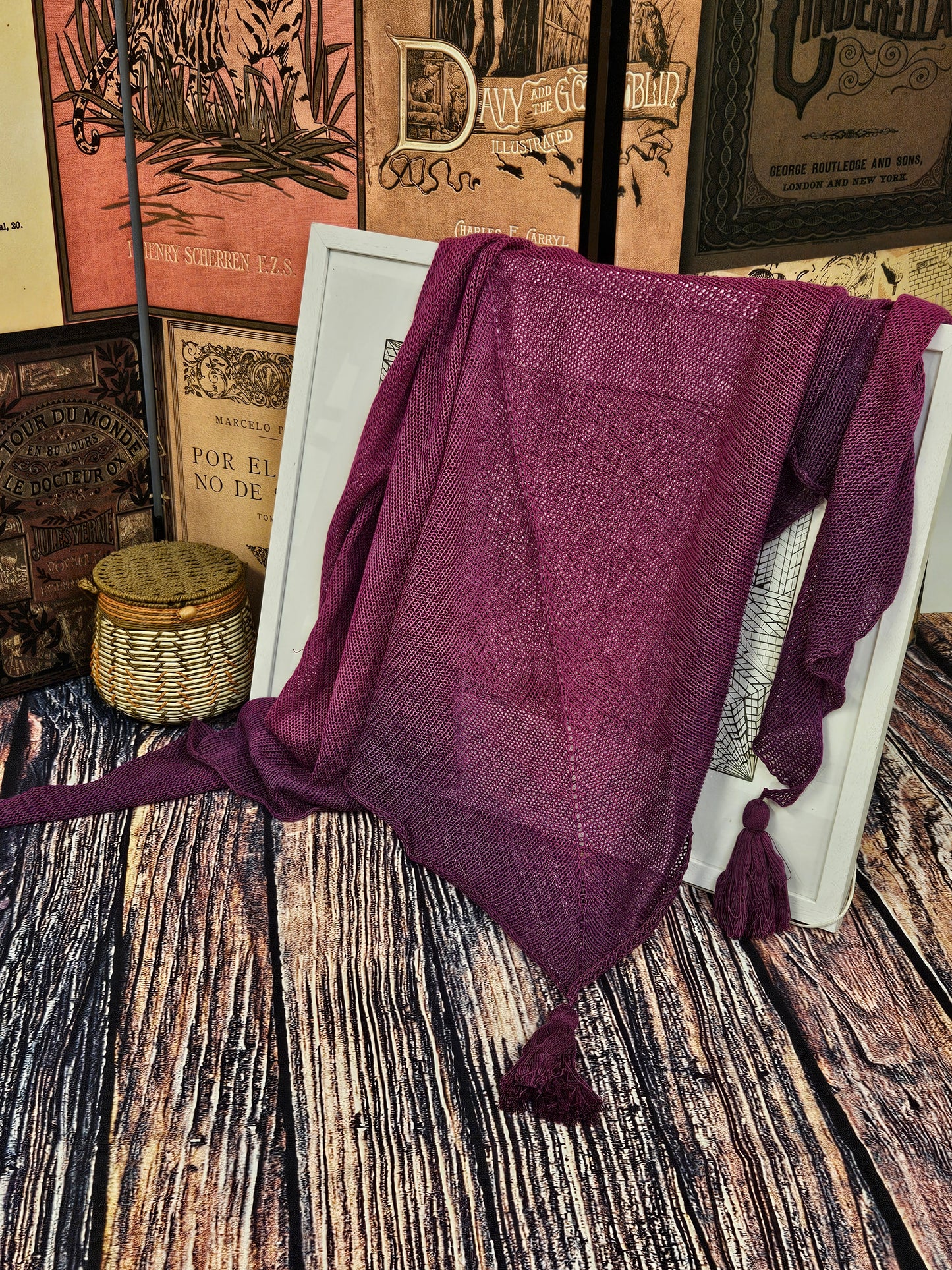 Large triangle handknitted shawl "Purple Eclipse"