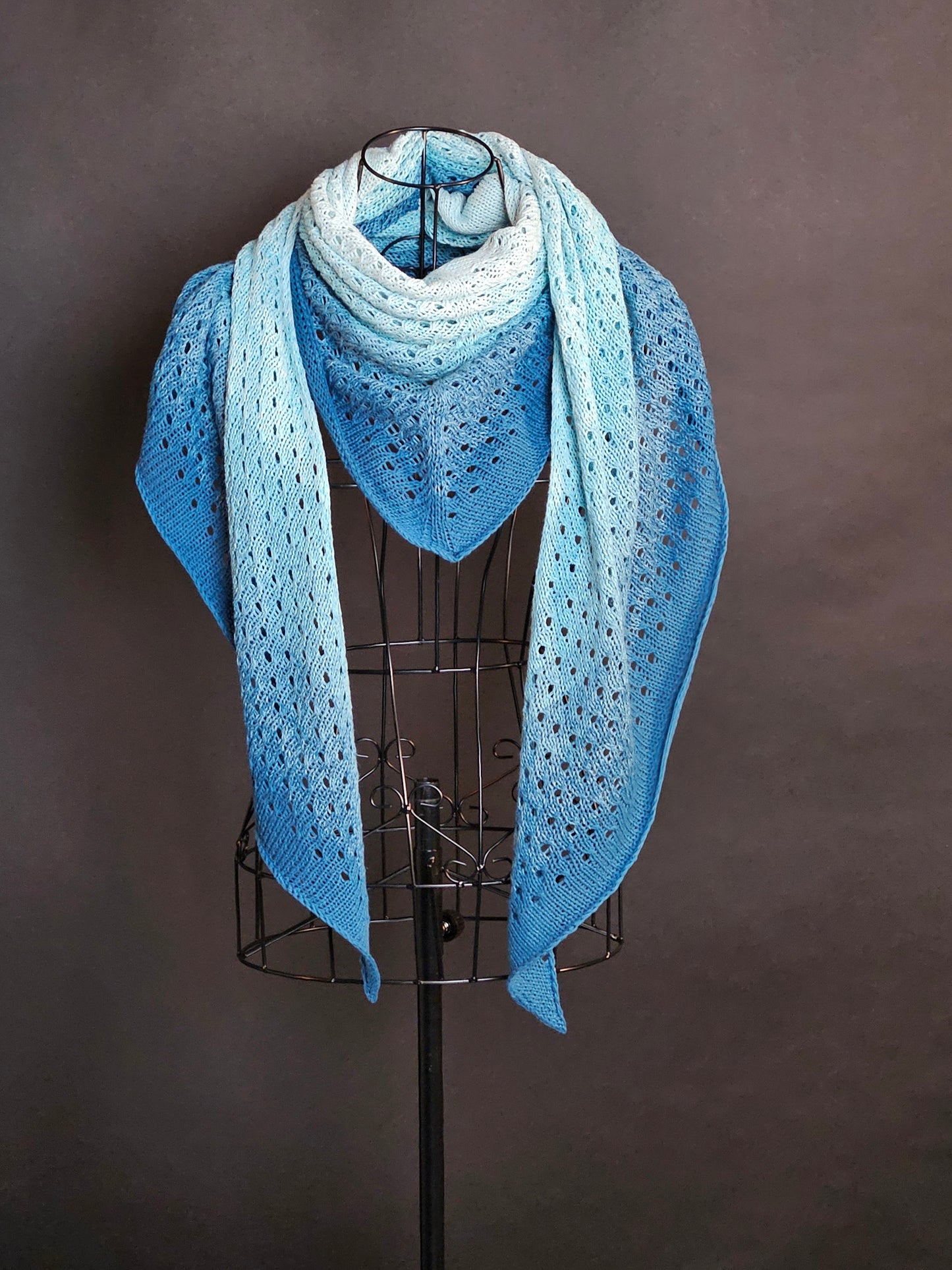 Large triangle handknitted shawl "Blue Lava" 100% organic cotton