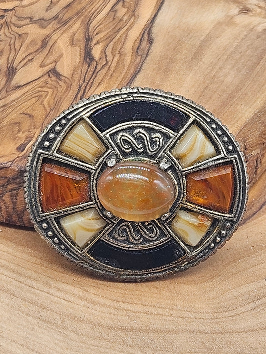Vintage Bronze Colour Scottish Brooch with Stone and glass inserts, VGC, L1097