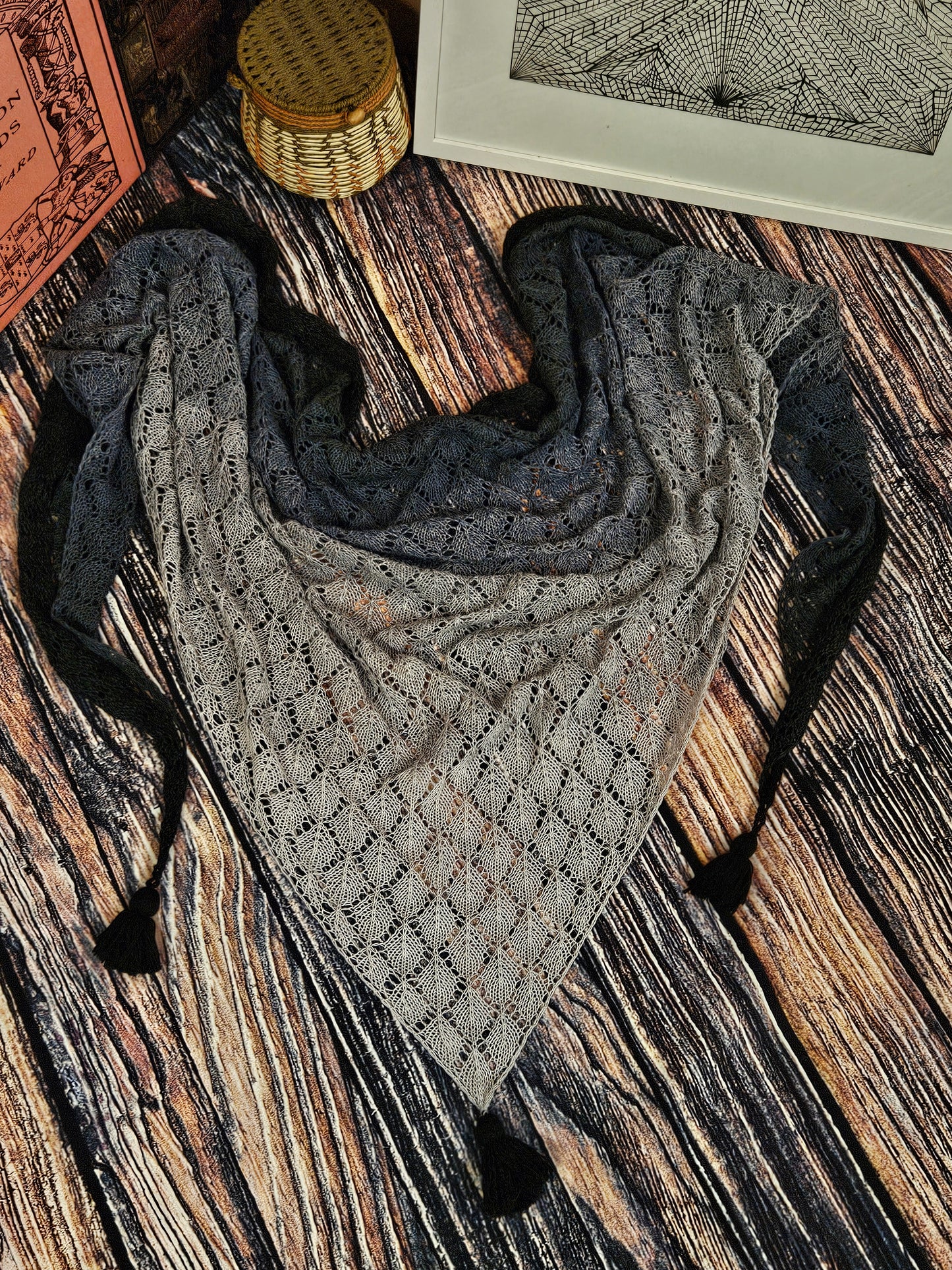 Extra Large triangle lace handknitted shawl "Shades of Grey"