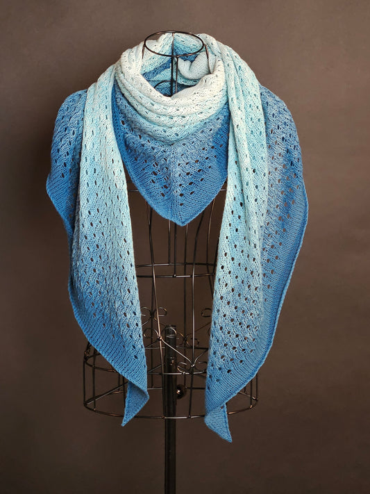 Large triangle handknitted shawl "Blue Lava" 100% organic cotton